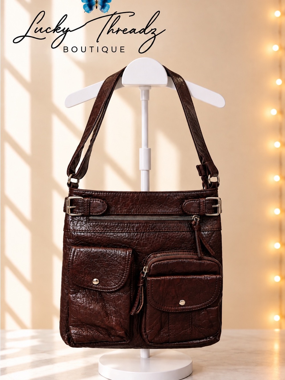 Dark Brown Faux Leather Utility Crossbody Bag Multi Pocket Organizer Purse